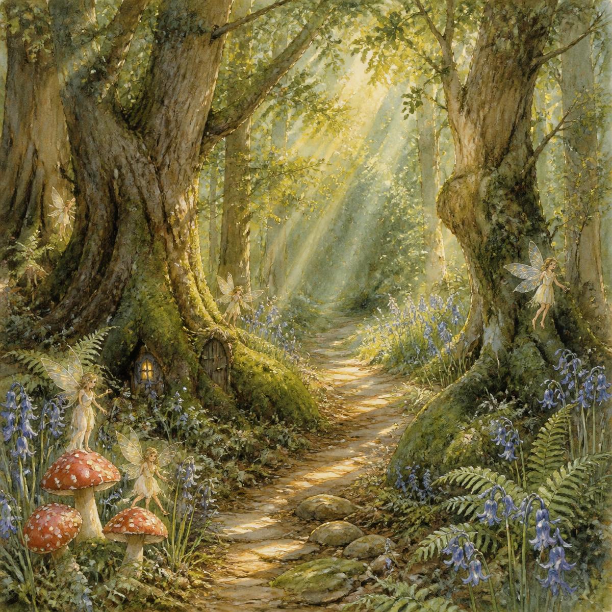 Sunlit mossy woodland path between ancient oaks, bluebells and toadstools with tiny faeries